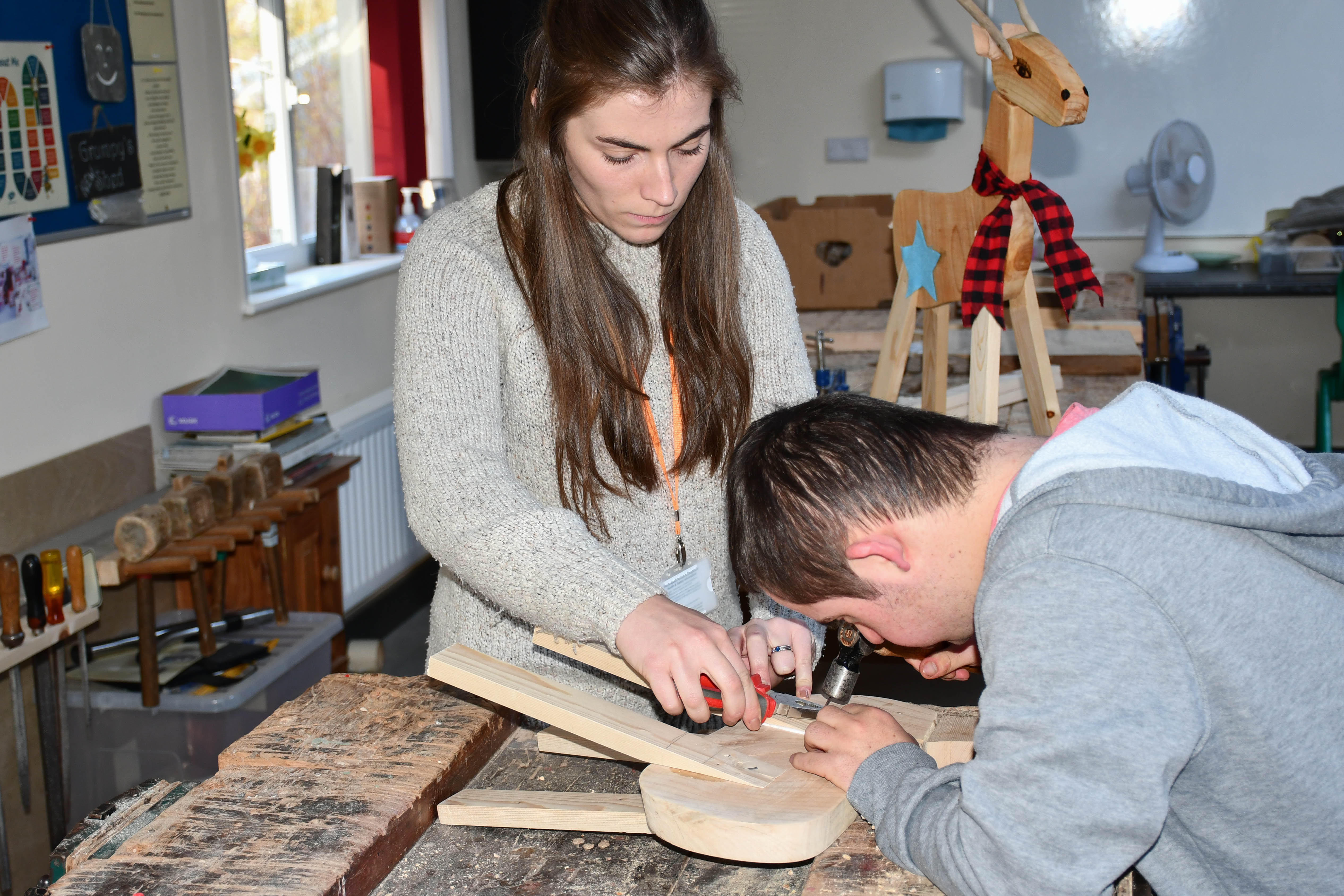 Learner with assistant using a hammer to tap in a nail 