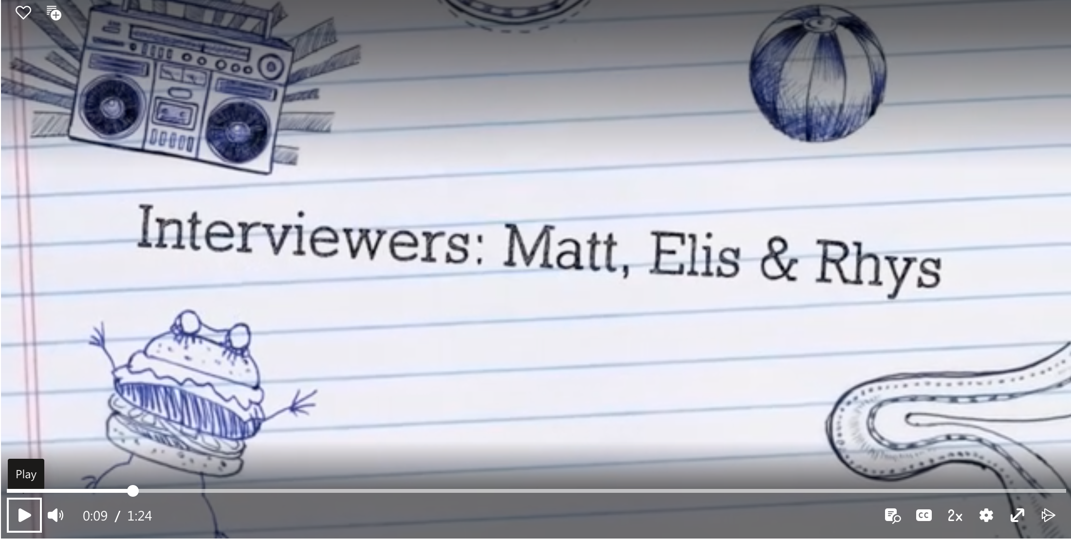 A still from a film clip. A lined piece of paper with: Interviewers: Matt, Elis & Rhys typed on it