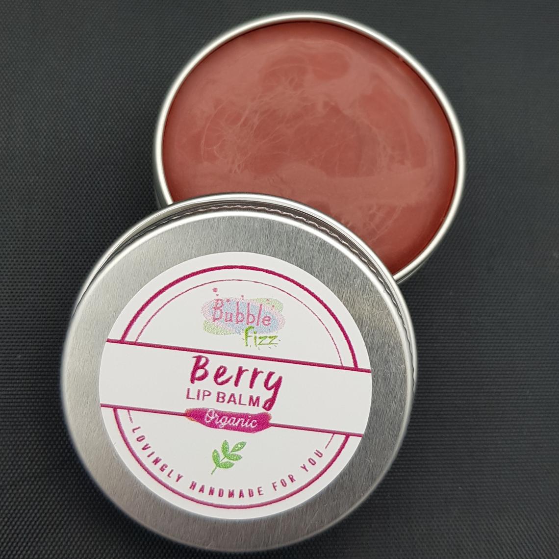 Close up of organic berry lip balm.