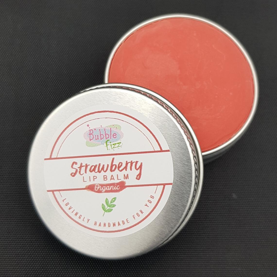 Close up of organic strawberry lip balm.