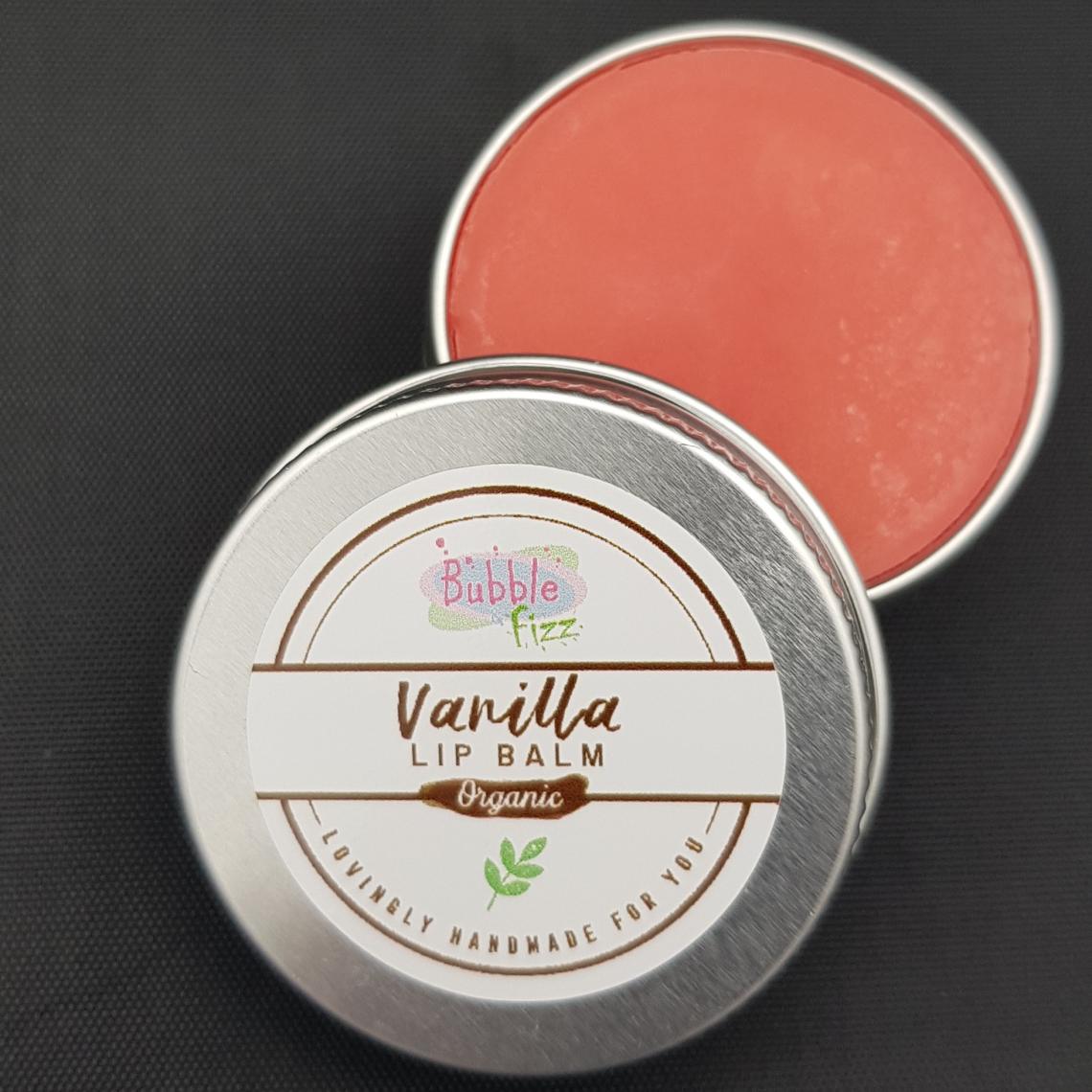 Close up of organic vanilla lip balm.