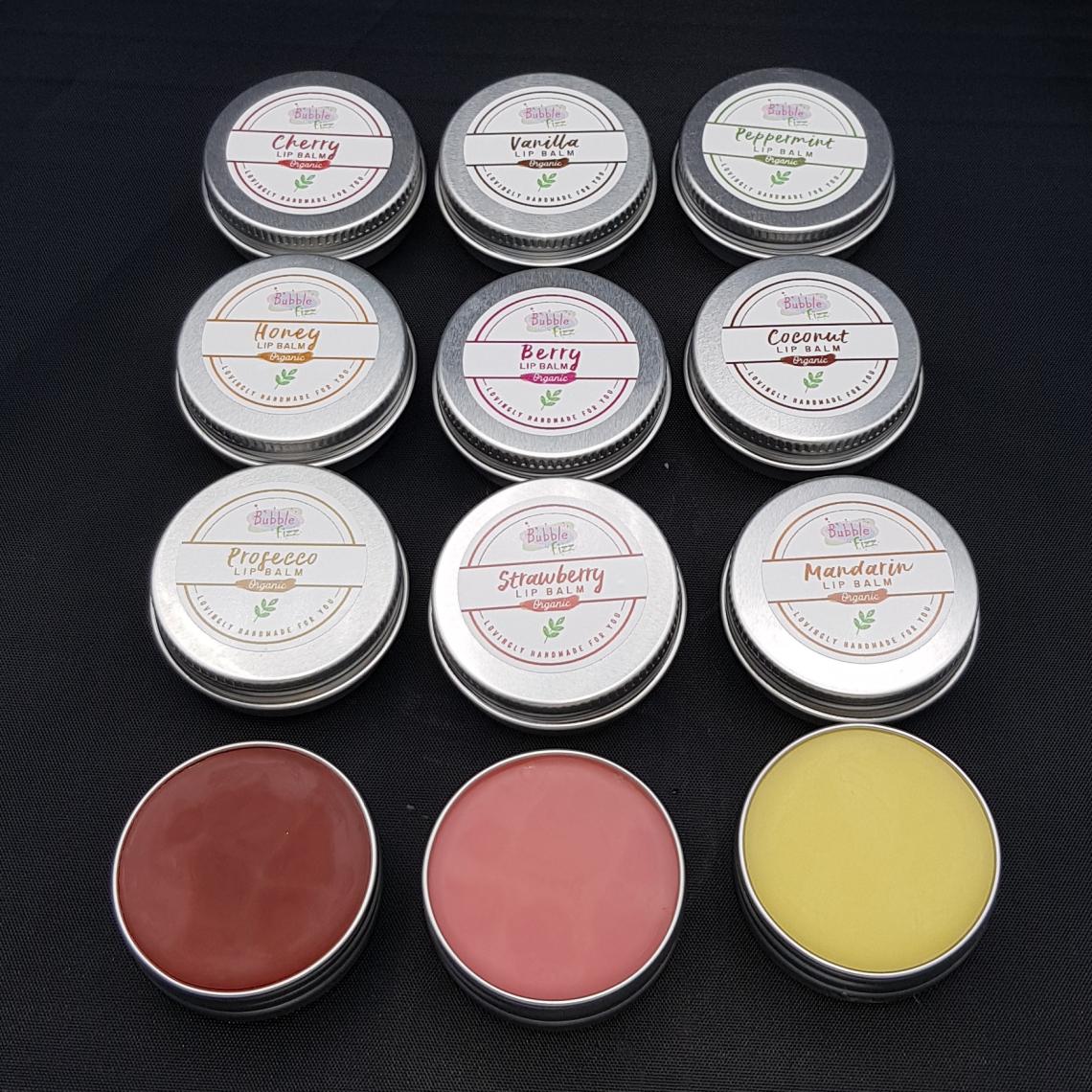 9 organic lip balms close up.