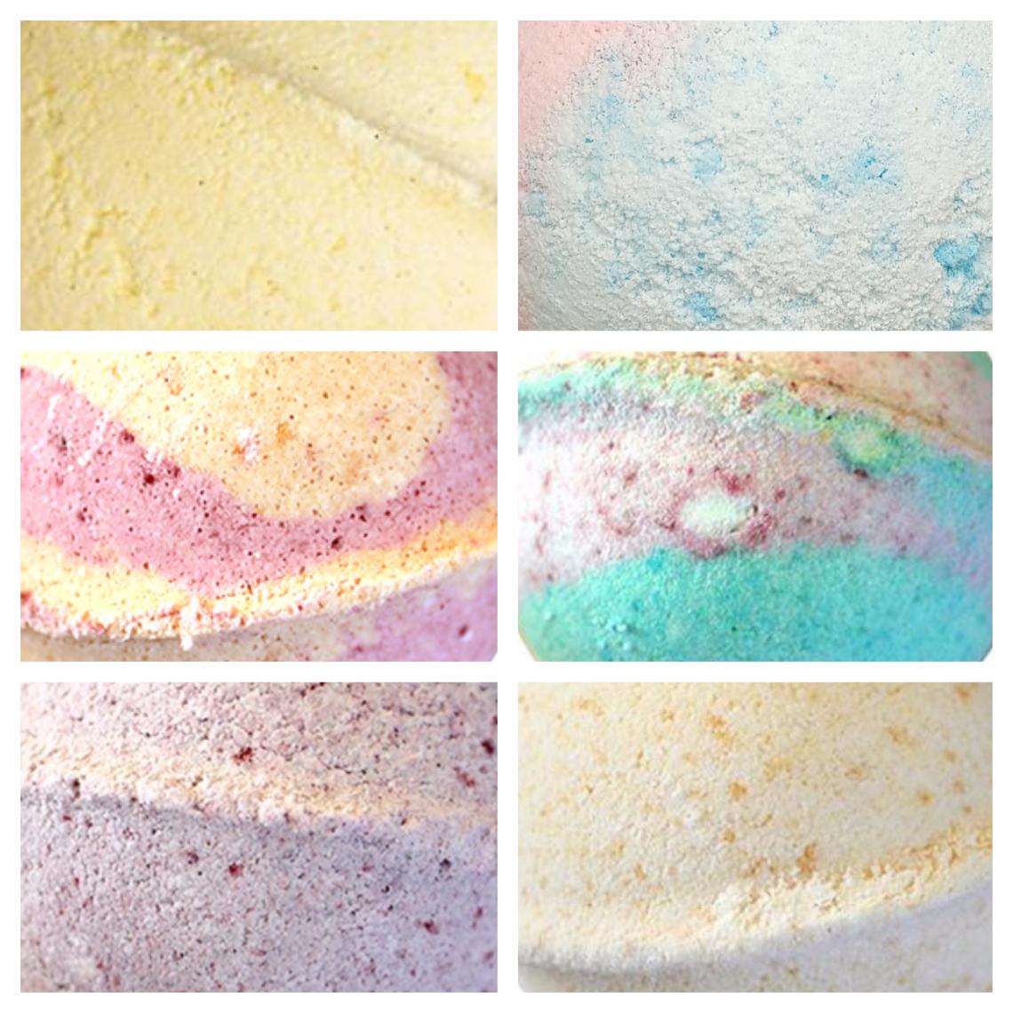 Collage of 6 bath bombs close up.