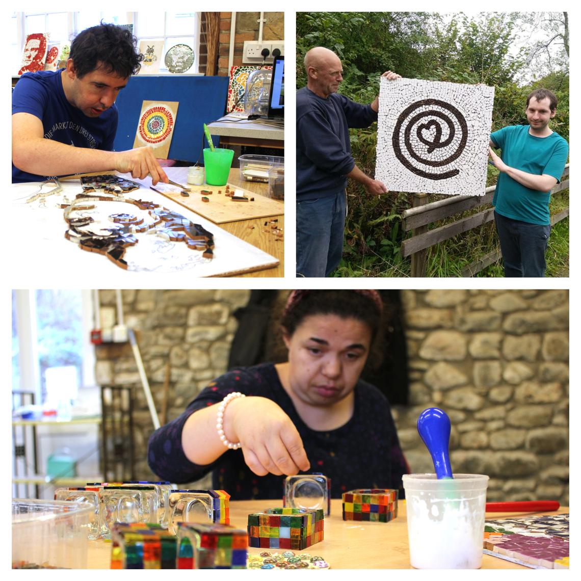 A collage of people making mosaics