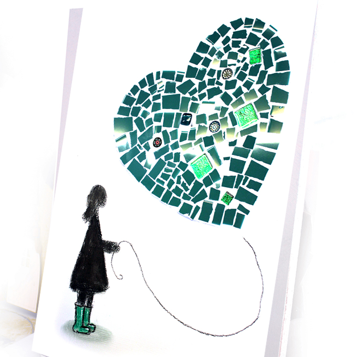 A mosaic of a girl wearing green wellies and holding a green heart balloon.