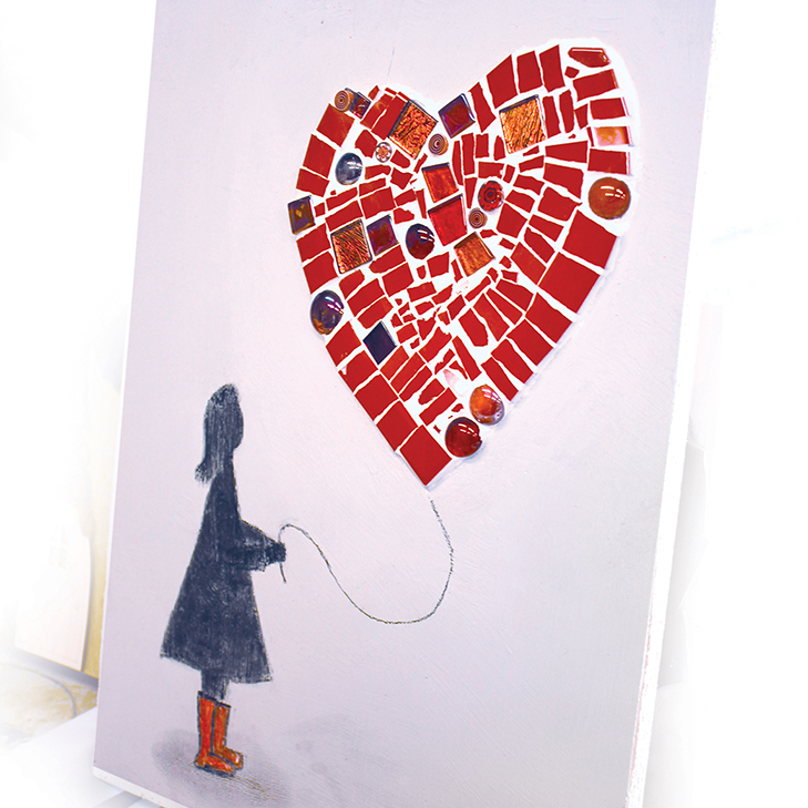 A mosaic showing a girl with a heart balloon, wearing red boots.