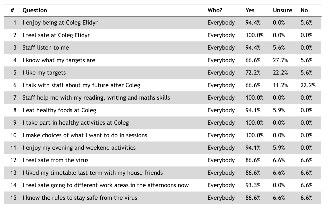 Table of learner survey results