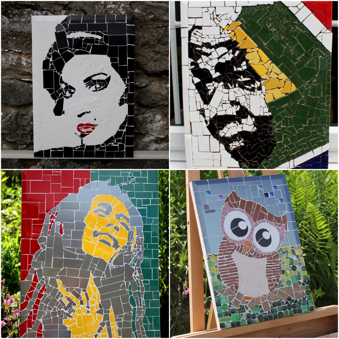 A collage of mosaics with Amy Winehouse, Nelson Mandela, Bob Marley and an owl.
