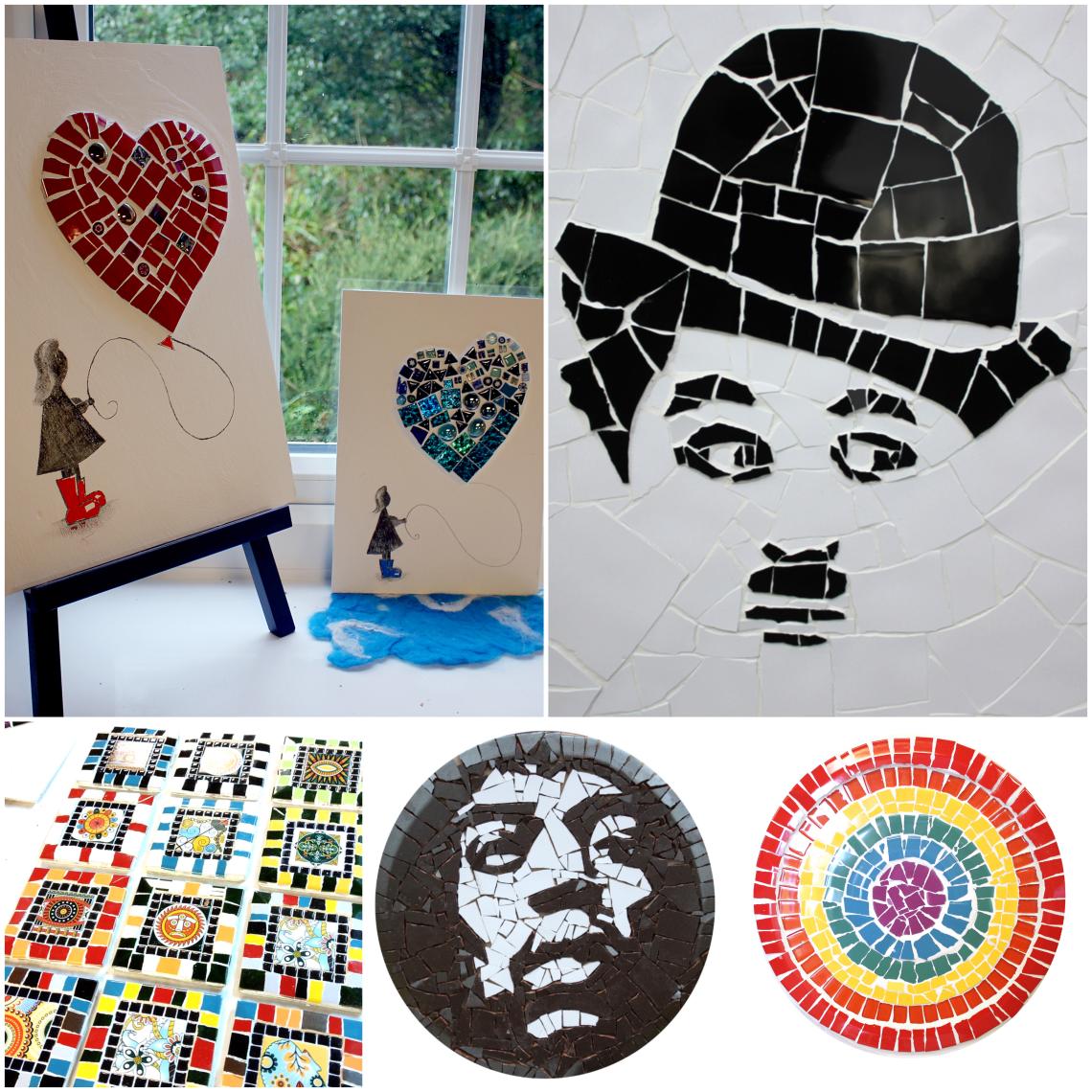 A collage of mosaics including girl with heart balloon, Charlie Chaplin, Coasters, Jimi Hendrix and a rainbow circle.