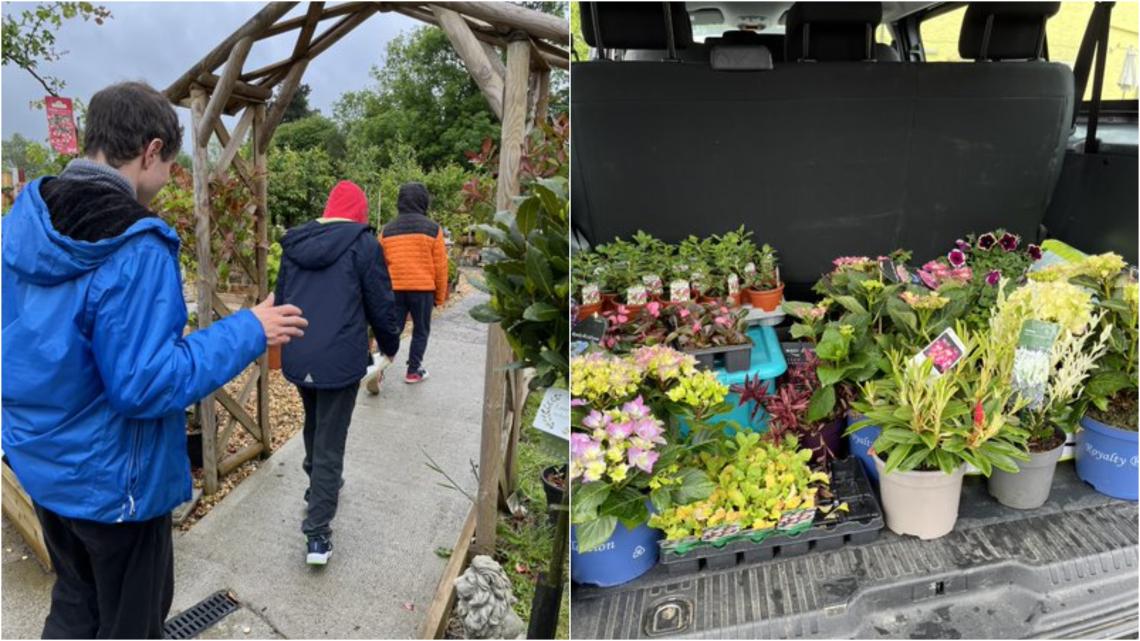 2 images. On the left 3 young people walking through a garden centre wooden arch. On the right, a boot full of plants.