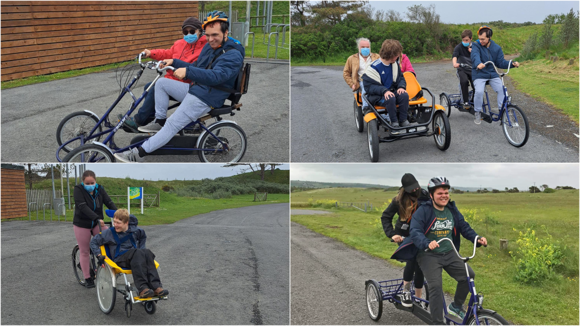 Four images of young people on unusual bikes in a collage at Pembrey County Park