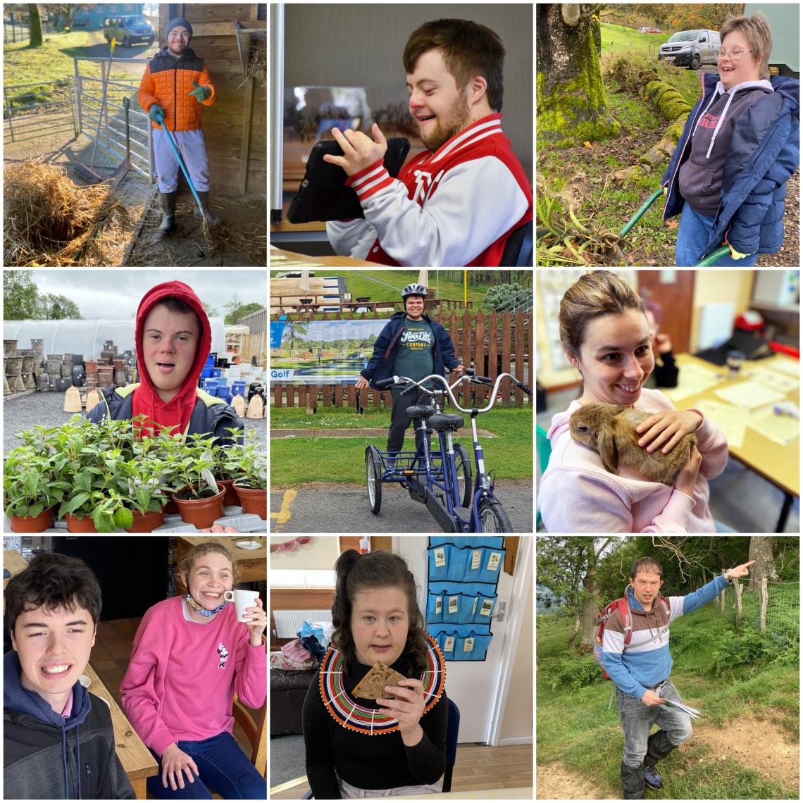 9 small images of young people in a collage taking part in activities at Elidyr Communities Trust