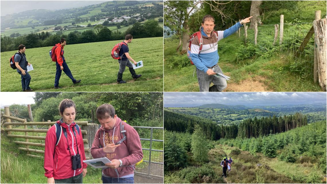 A collage of 4 images showing young people hiking in the valley, looking at maps and pointing.
