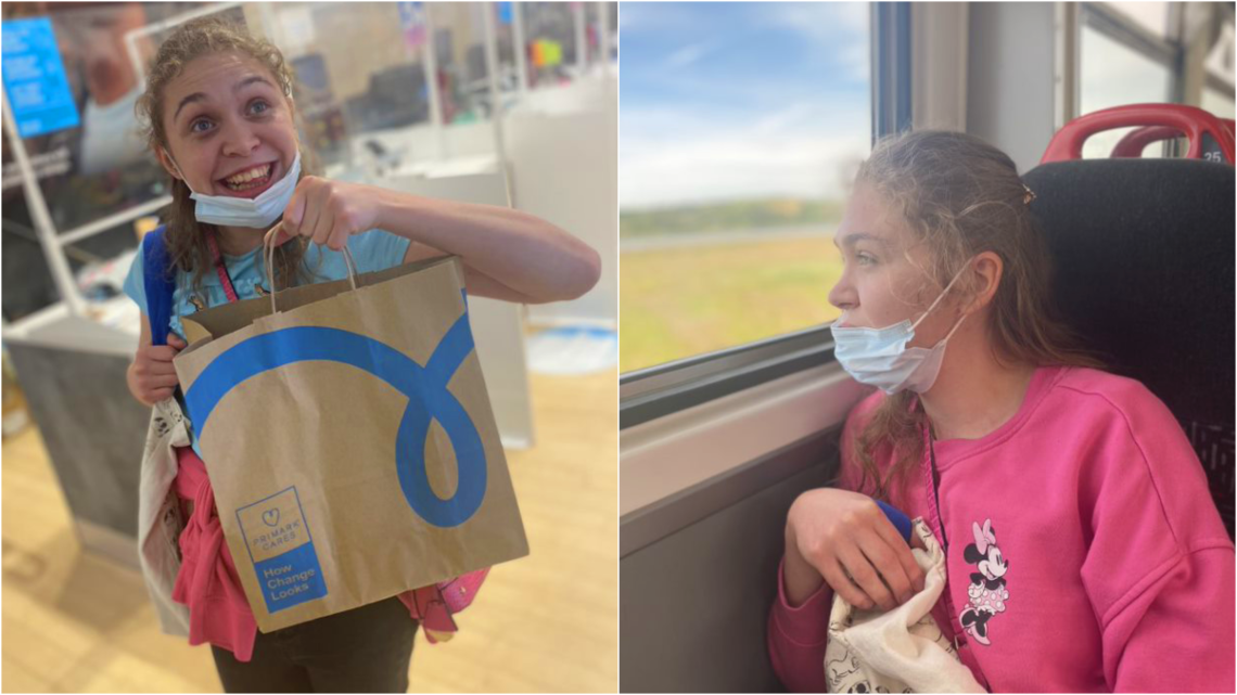 Two pictures. On the left a girl holding up a Primark shopping bag. On the right a girl looking out a train window.