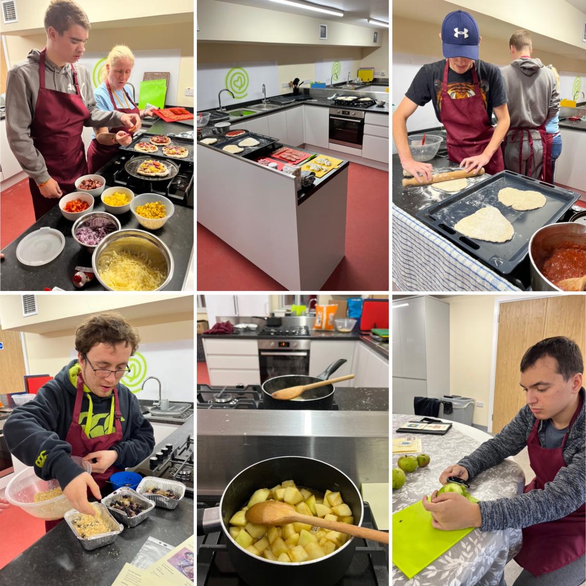 A collage of 6 cooking images. A boy prepares a pizza, a new kitchen, a boy with chop veg, a boy prepares an apple and blackberry crumble, a pan of apples and a boy with a green chopping board.