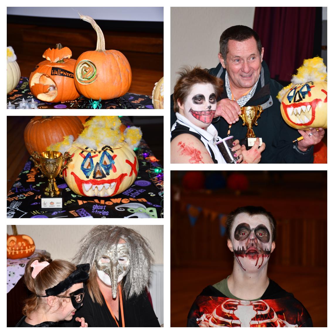 A collage of images showing people dressed up for Halloween & some carved pumpkins.