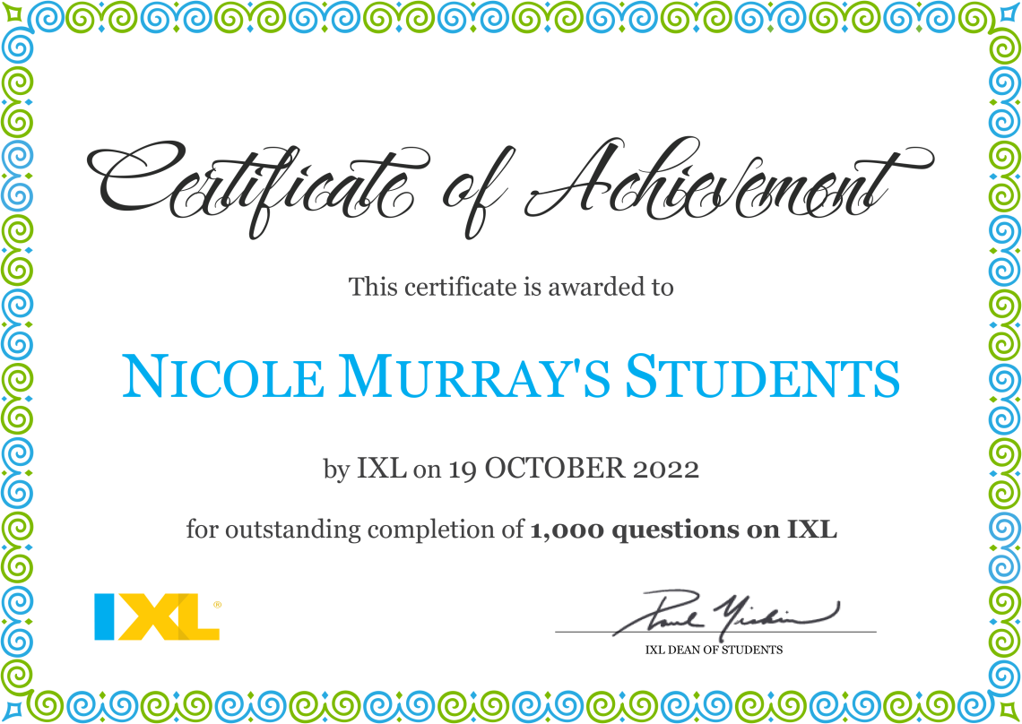 IXL certificate for 1000 questions