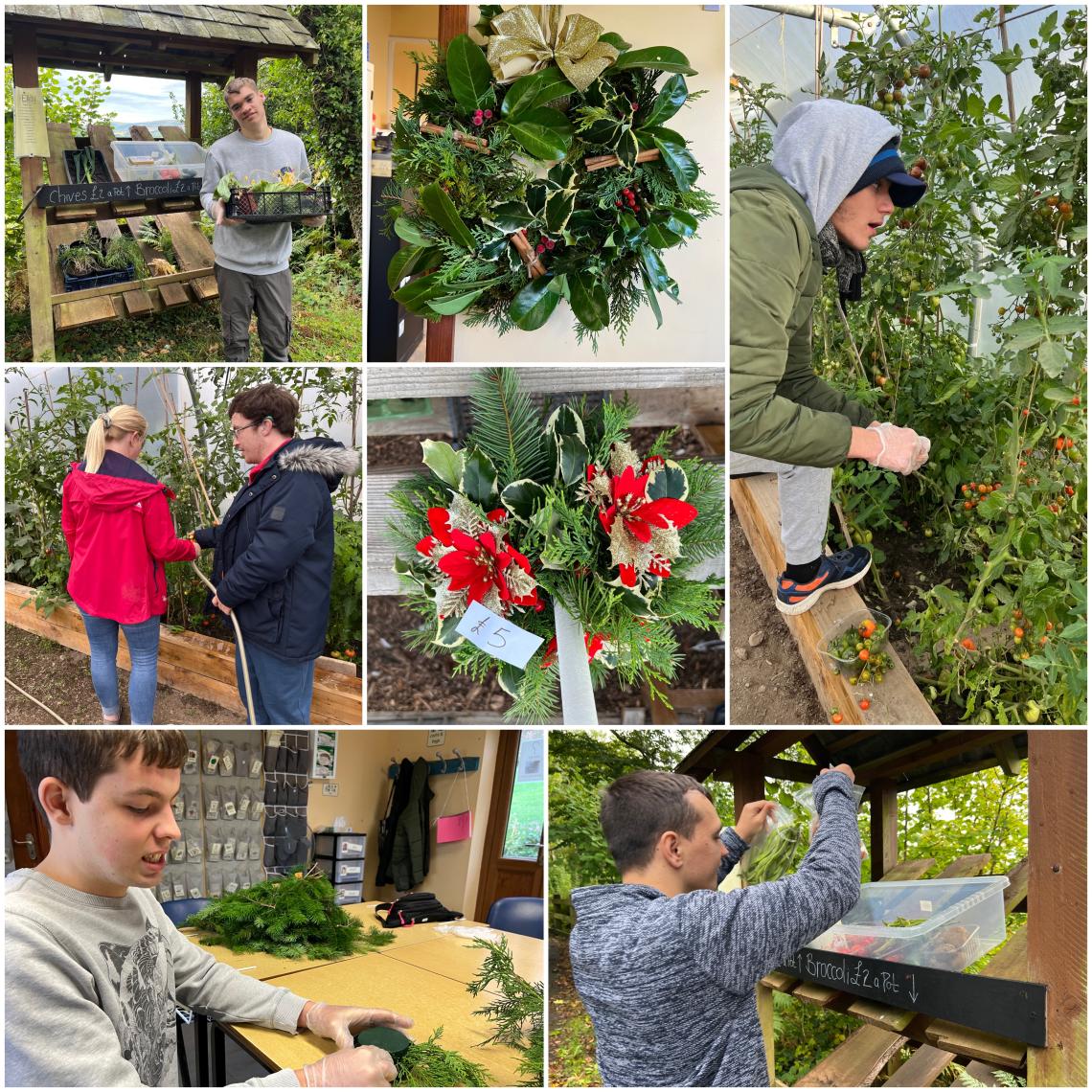 A collage of learners. 5 images holding a wreath, making wreaths, watering plants. 2 images of wreaths.