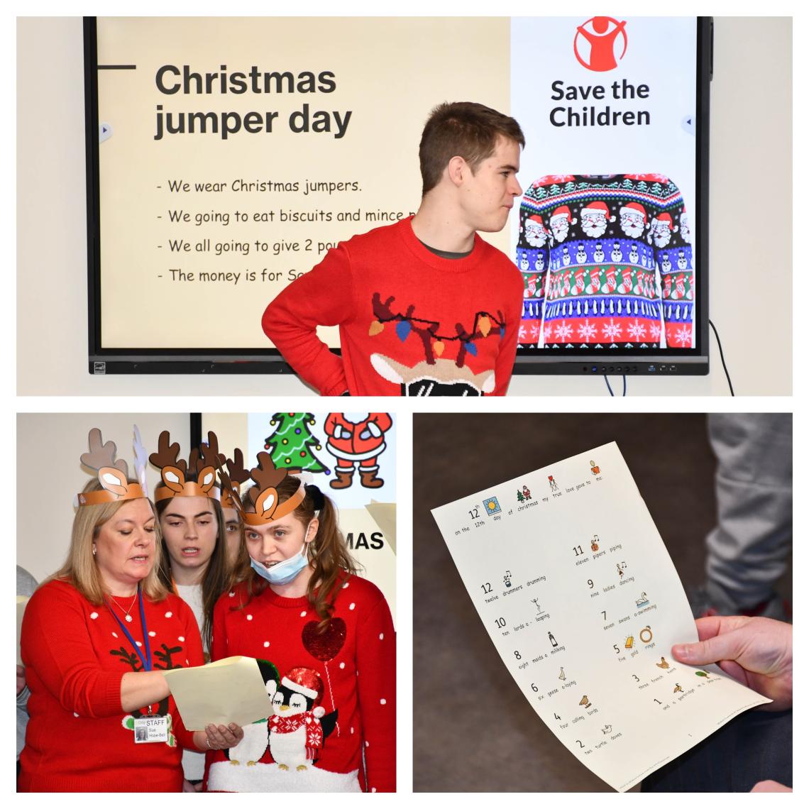 collage showing learners in xmas jumpers, a pecs song sheet and a learner giving a presentation.