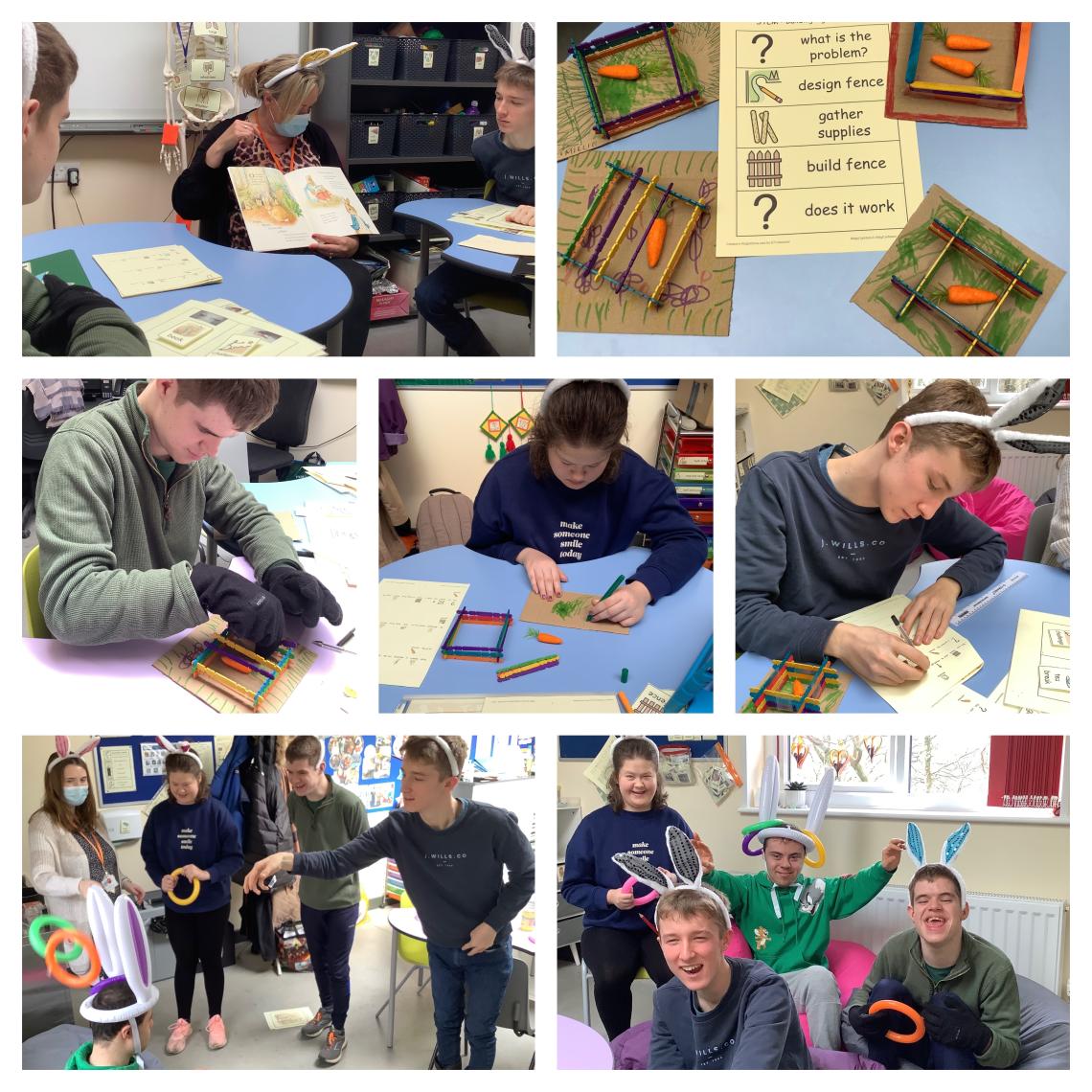 Collage of learners making fences with small sticks