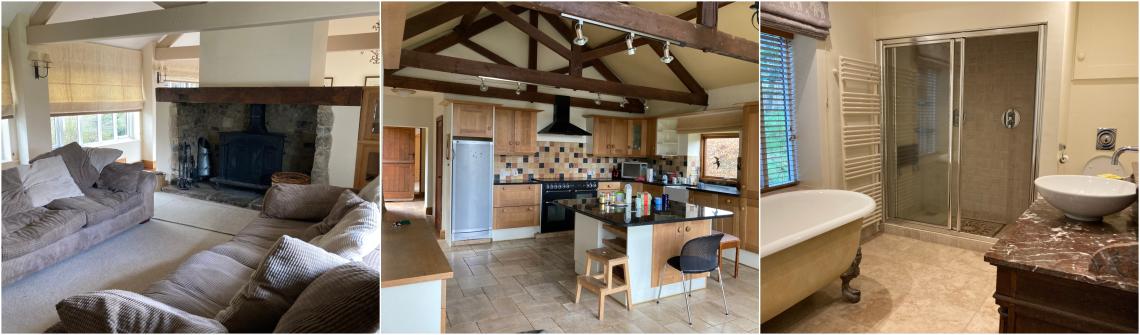 Three pictures of rooms inside a barn conversion. A lounge a kitchen and a bathroom