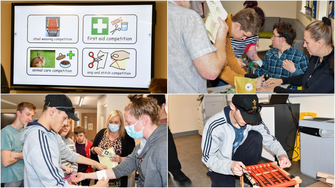A collage of 4 images showing a power point slide, a group of learners signing up for an event, a group applying first aid tactics and a young man weaving on a stool.