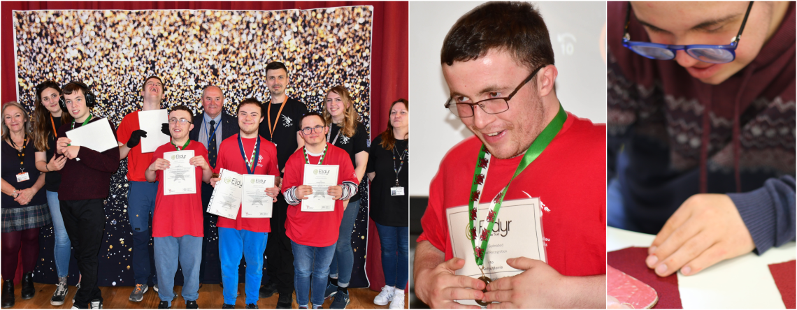 A group of learners in red t-shirts get certificates, a young man excitedly holds a certificate, a young man cuts out a heart.