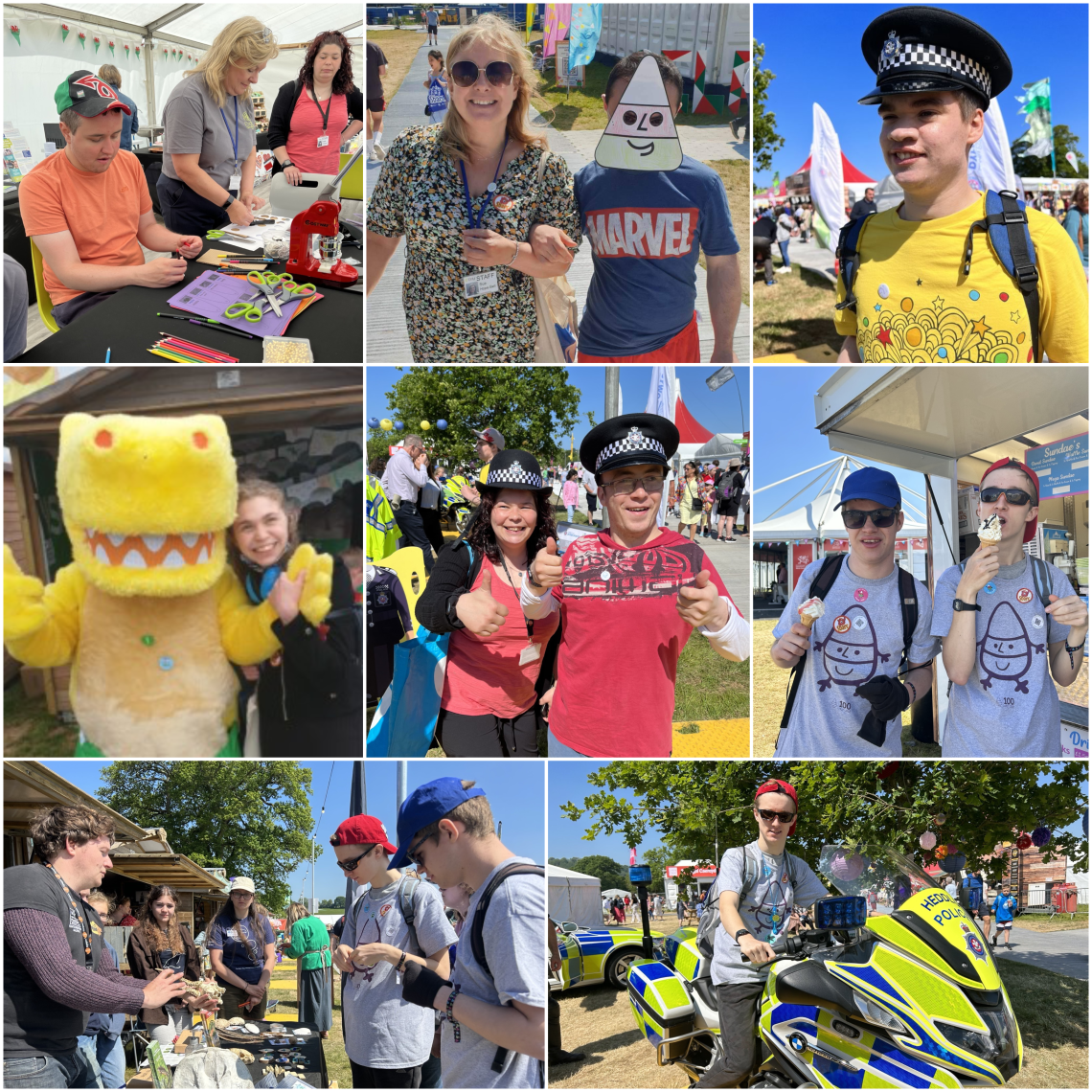 A collage of 9 Eisteddfod images. People in police hats, on police bike, making crafts, hugging mascots. Having fun.