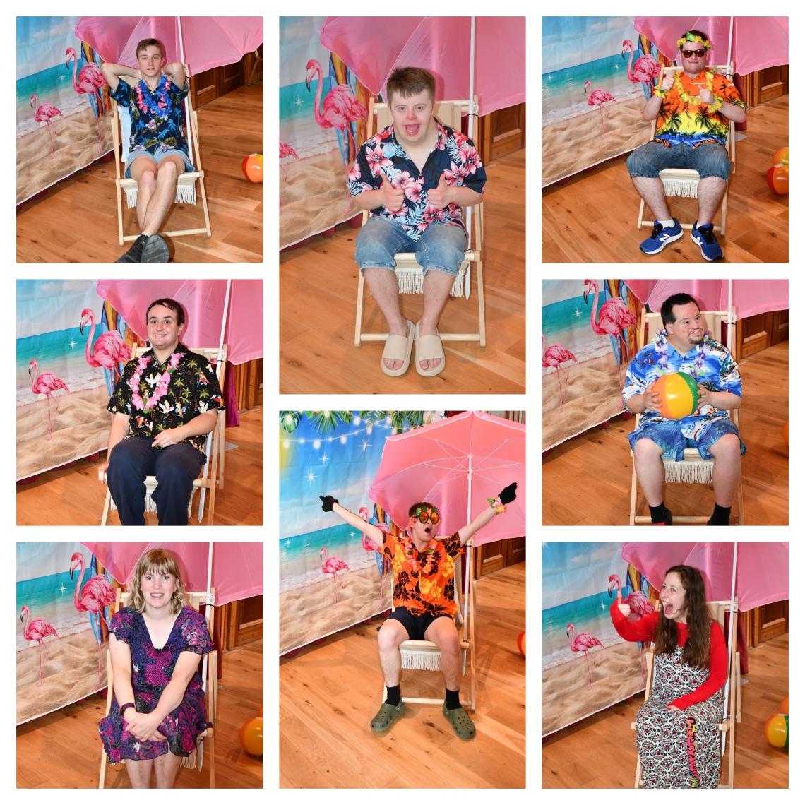 Learners and residents posing in a deckchair at their summer ball, collage