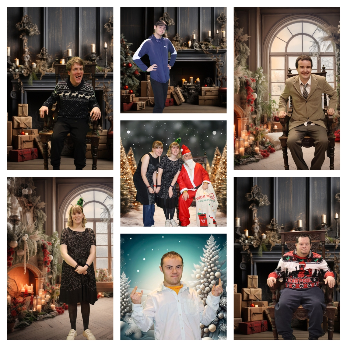 Collage of learners using green screen for Christmas photos