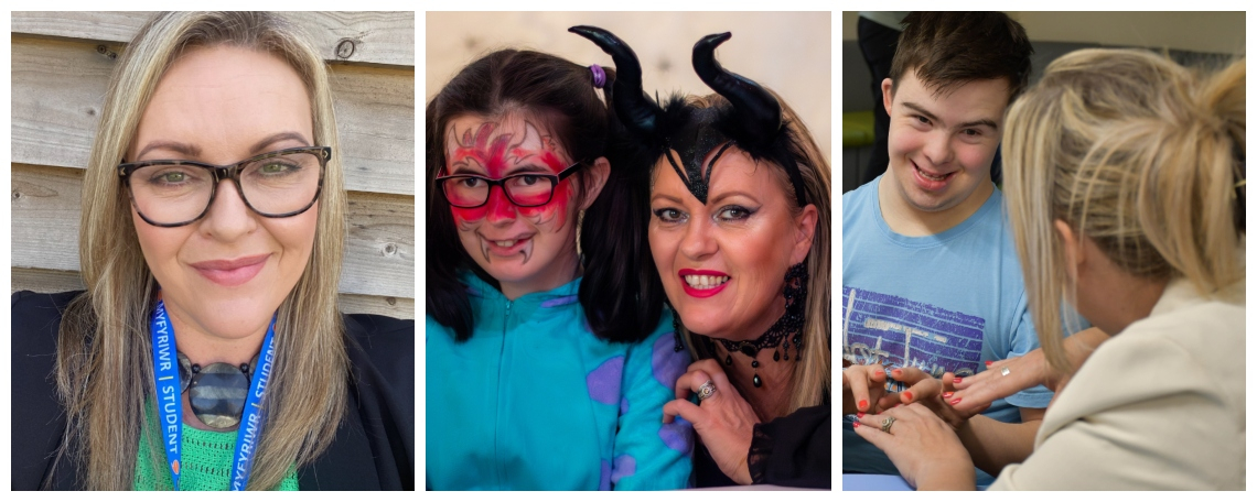 A montage of 3 images. A lady in glasses smiles, a lady and a girl dressed for halloween. A lady gets her nails painted by a young man