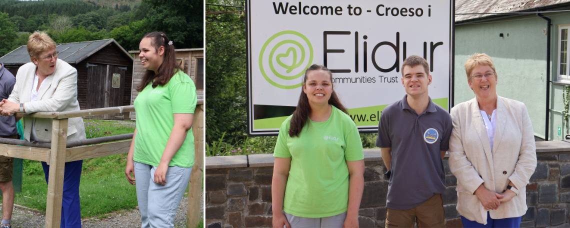 A montage showing a woman and a young woman talking by a fence. A 3 people in front of an Elidyr Communities Trust Sign