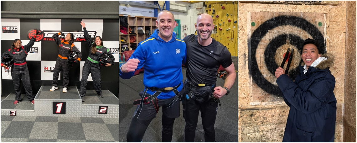 A montage of 3 images. A group of three at a racing track podium. Two men at a climbing centre. A woman in a black coat by a target.