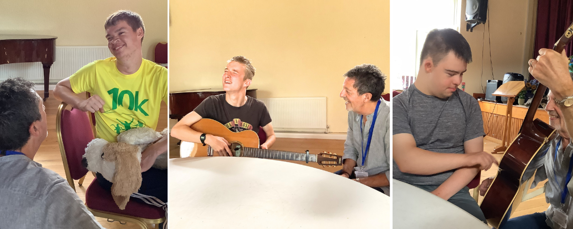 A montage of 3 images. Image on the left of a young man in a yellow top. Then a young man on a guitar. Image on the right is a young man touching a guitar