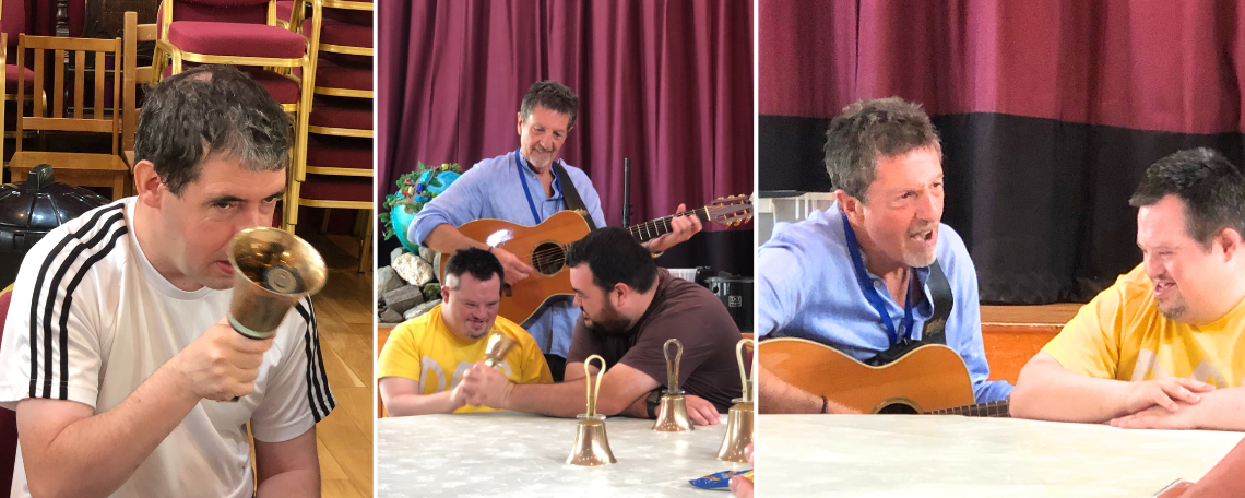 A montage of people playing instruments. A man in a white top rings a bell. A man in a blue shirt plays a guitar. Two men ring a hand bell. A man in a blue shirt plays a guitar to a man in a yellow tshirt