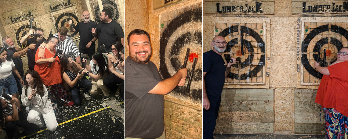 A montage of 3 images. A group axe throwing. A man with a target and axe. Two people with targets