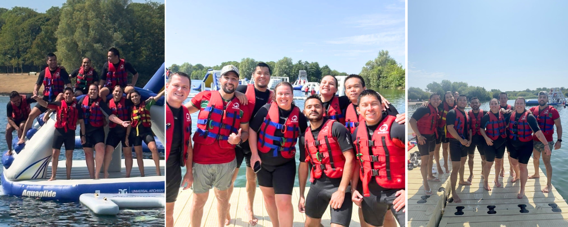 A montage of 3 images. A group on an inflatable in a waterpark wear red buoyancy aids in each photo