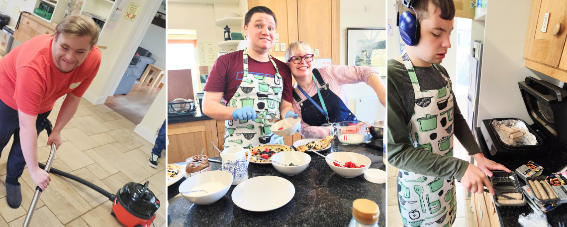 A montage of 3 images. A young man in a red t-shirt hoovers. A young man and woman prepare food. They are wearing aprons. A young cooks sausages. He wears an apron and ear defenders.