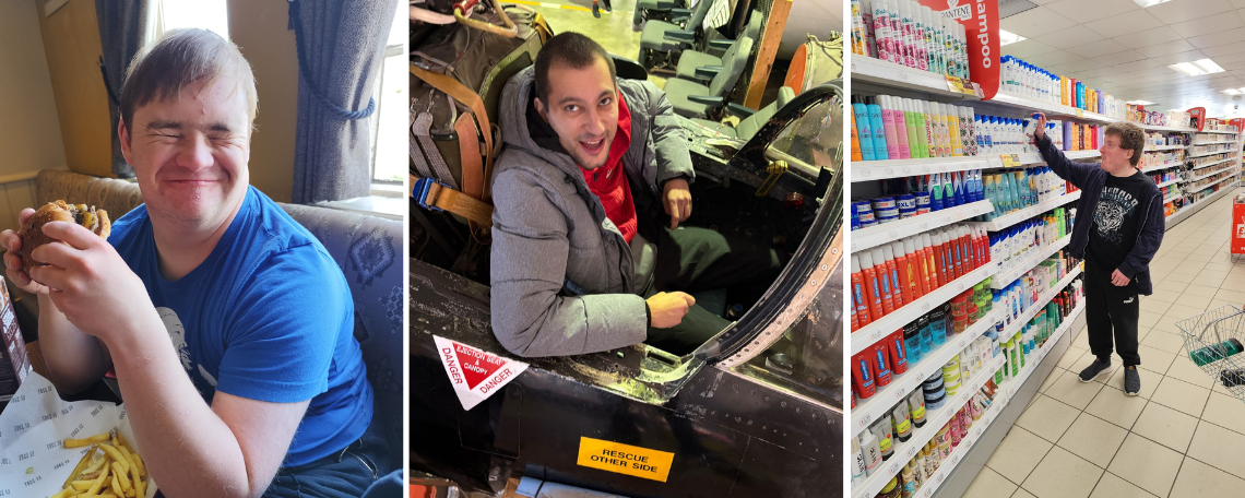 A montage of 3 images. A young man eats burger and chips in a pub. A young people sits in a car at a museum. A young man shops in a supermarket.