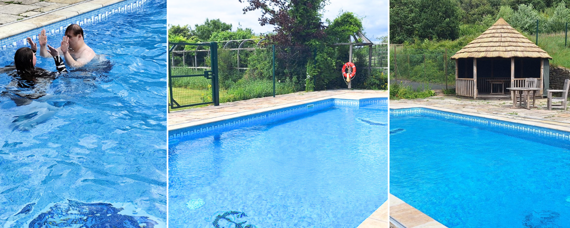 A montage with three photos of a pool. The first includes two people people in the water high fiving each other.
