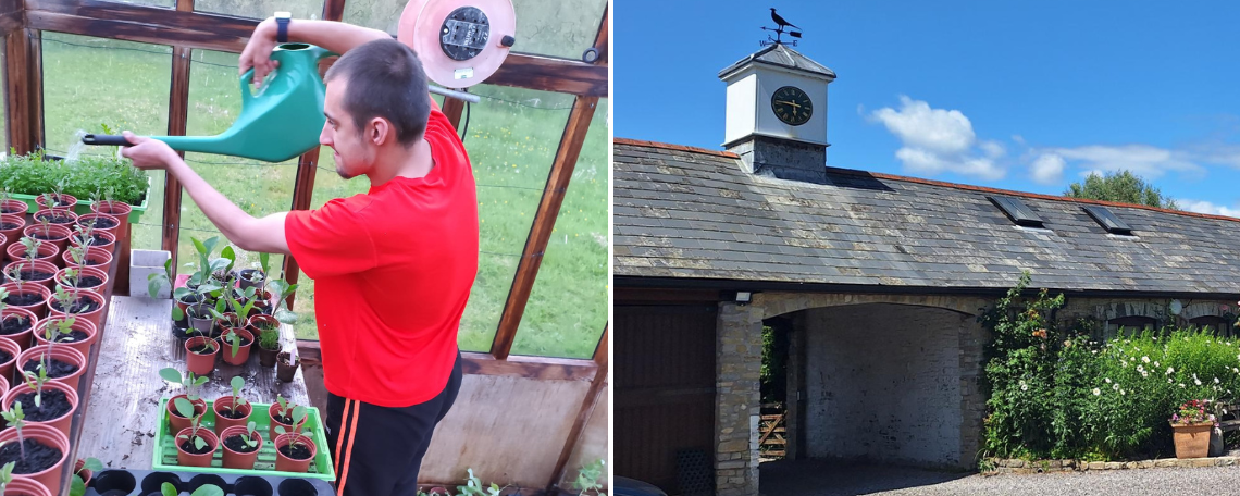 A montage of two images. A young man in a red shirt waters seedlings in a greenhouse. A building with a clock on the roof and plants outside.