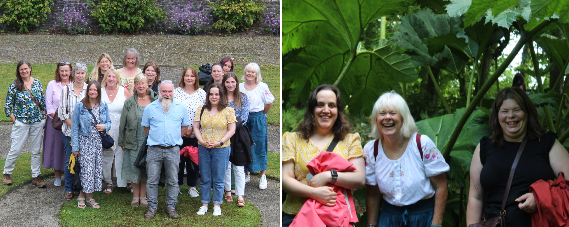 Two images. One is a group in a garden. They are all smiling. The other is 3 woman under a giant rhurbarb leaf in a garden