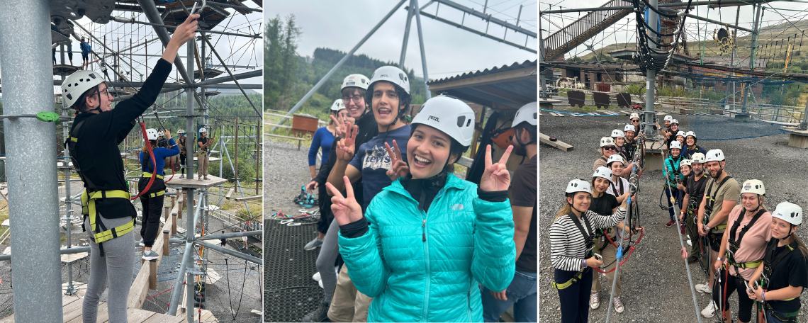 A montage of 3 images. People wearing helmets and climbing