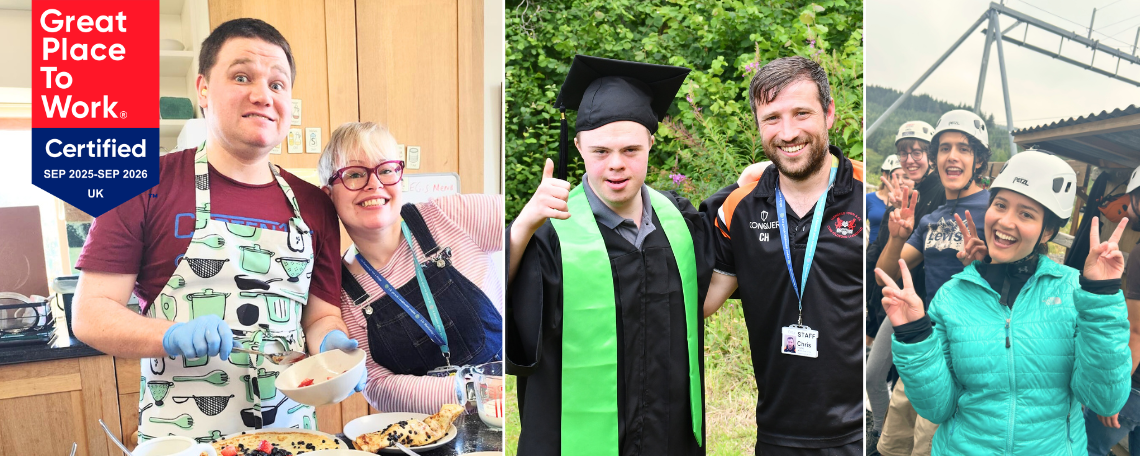 Three images a young man and a woman laughing and cooking. A young man in a cap and gown and a member of staff in a lanyard. 3 people at a climbing centre. The Great Place to Work kitemark is in view