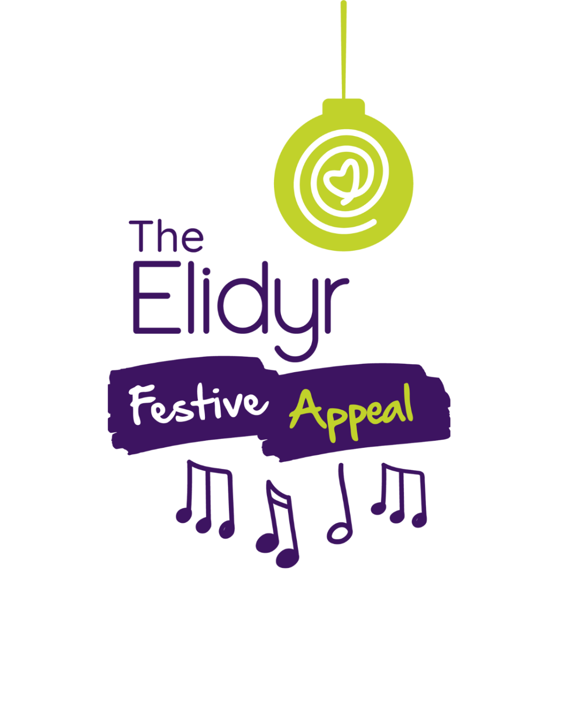 The Elidyr Festive Appeal logo. Featuring a green bauble and purple musical notes