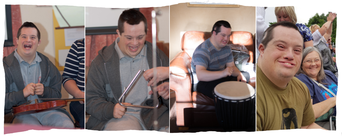 3 images of a young man playing instruments. A violin, triangle and drum. A fourth image of a young man in a crowd watching a gig. He is smiling