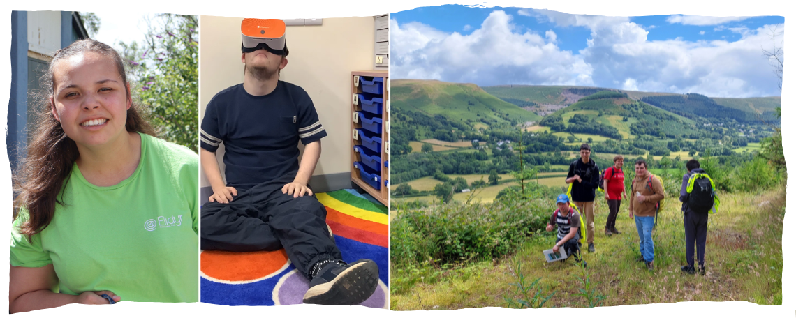 A young woman in a green shirt smiles. A young man wears VR goggles. A group of young people stand on a hill high above a valley.