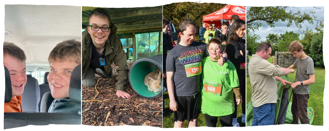 A montage - 2 young men peek between seats in a bus. A young man and a rabbit. A young man and woman at a race. A man helps a young man put up a tent.