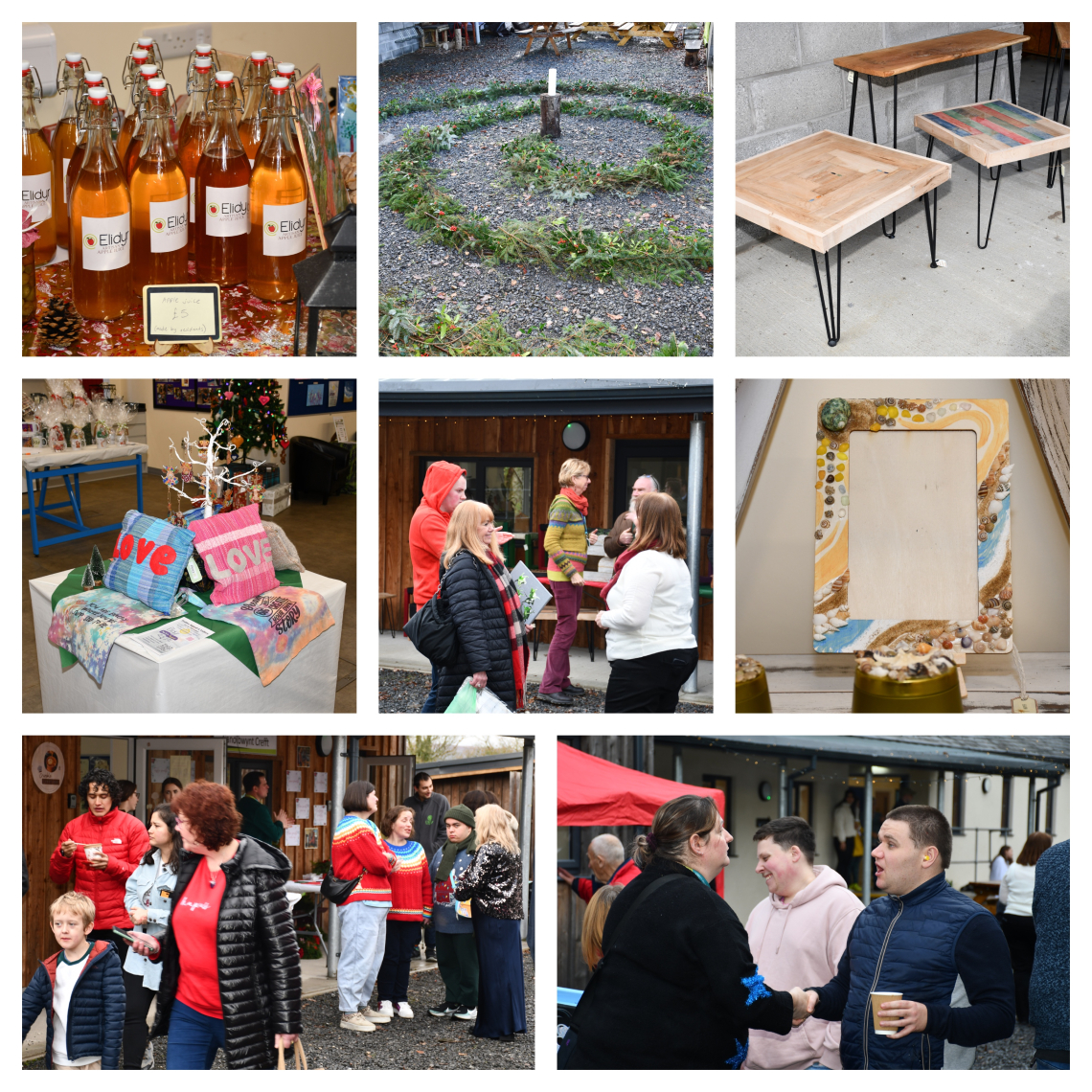 Collage of christmas crafts and people enjoying an advent fayre