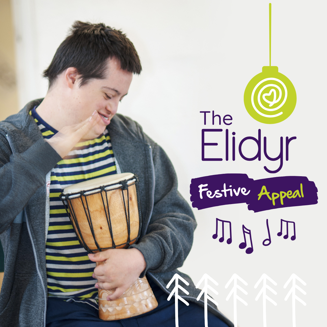 A young man bangs a drum. Text reads The Elidyr Festive Appeal. There is a green bauble and purple musical notes.